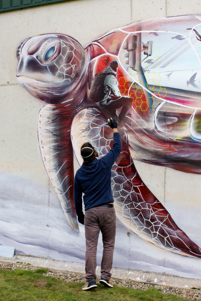 Mural (Wandgemälde) von Nasim Naji, Streetart in Braunschweig (Deutschland); Schildkröte; Sprühdose auf Wand; 2019